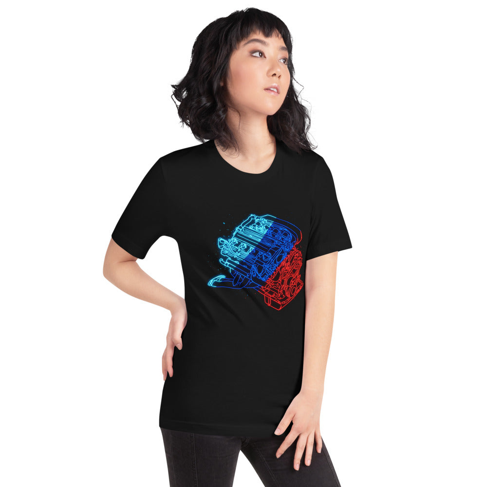 Playera Neon Car Engine Cyan Blue Red Stripes - Modelo femenina