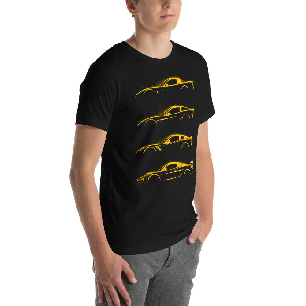 Playera Neon Yellow Sports Car Evolution Silhouettes - Modelo masculino lateral