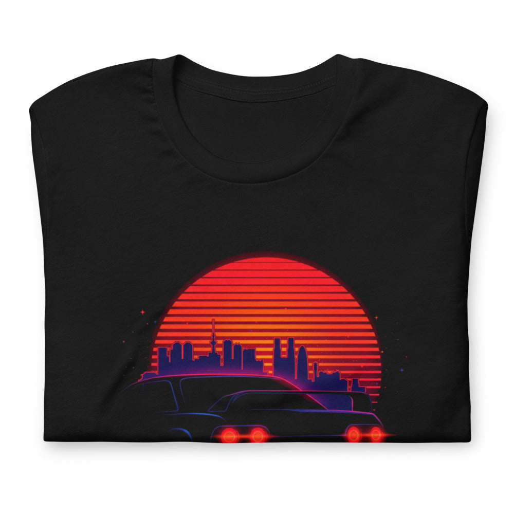 Playera Synthwave Neon Cars Orange Sun Skyline - Doblado