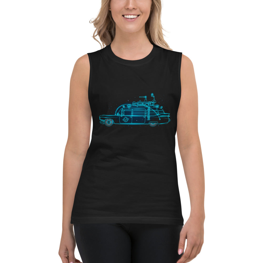 Sin Mangas Ghostbusters Ecto-1 Neon Cyan Outline - Modelo femenina