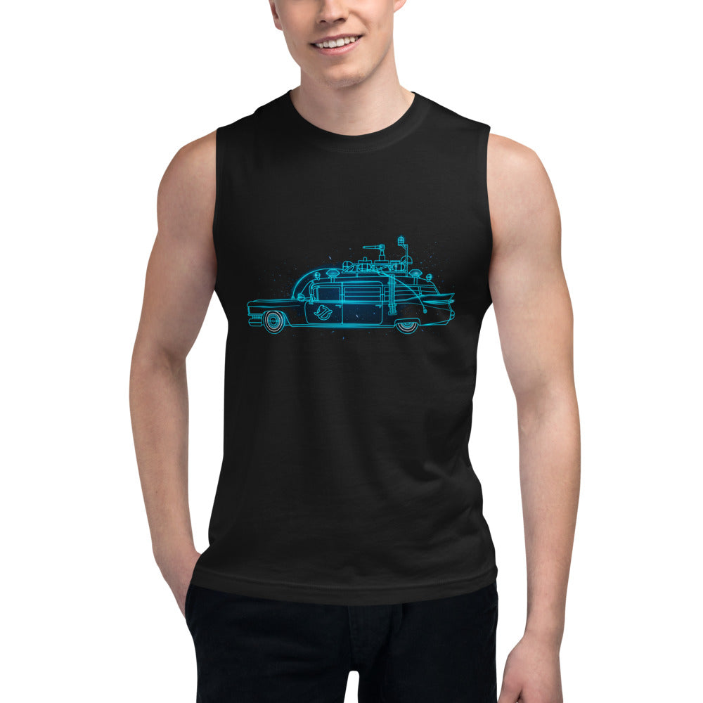 Sin Mangas Ghostbusters Ecto-1 Neon Cyan Outline - Modelo masculino