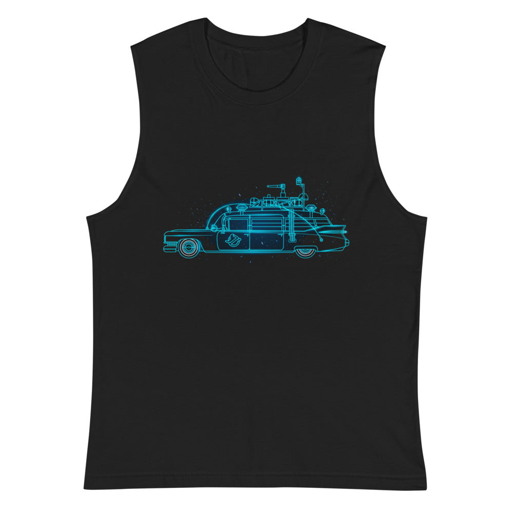 Sin Mangas Ghostbusters Ecto-1 Neon Cyan Outline - Plano