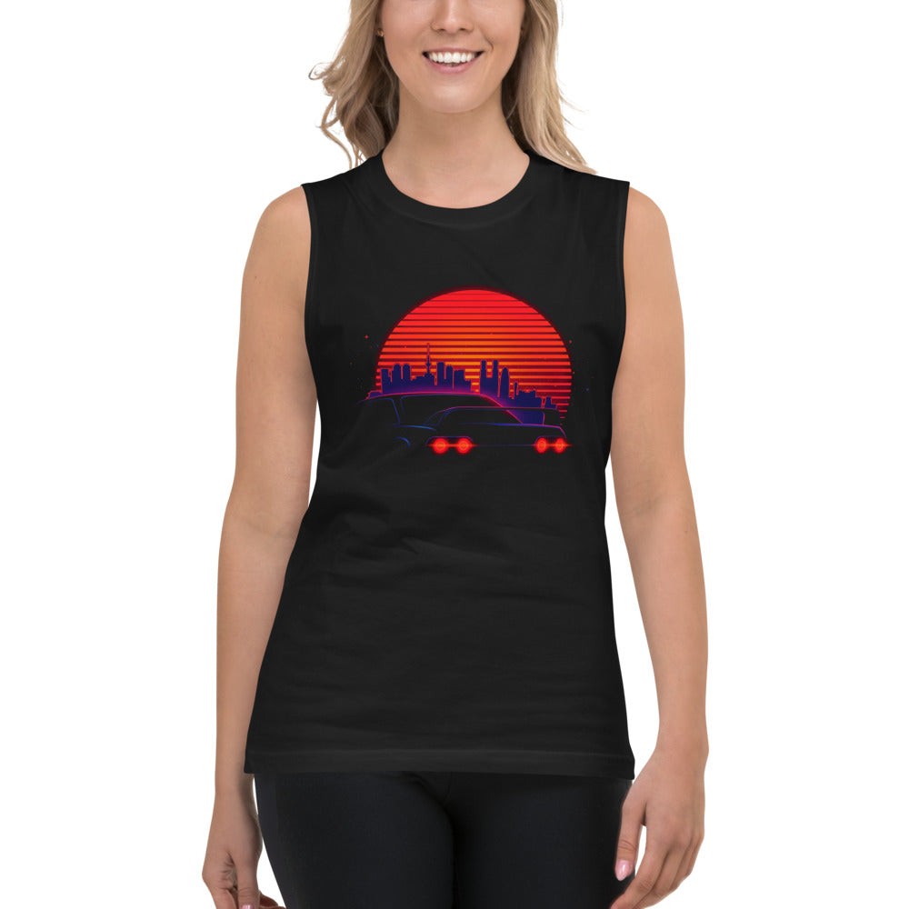 Sin Mangas Synthwave Neon Cars Orange Sun Skyline - Modelo femenina