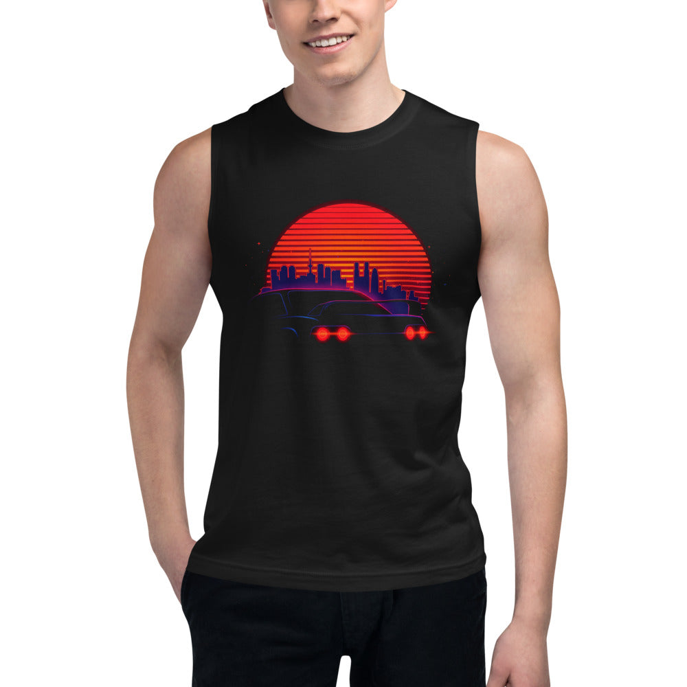 Sin Mangas Synthwave Neon Cars Orange Sun Skyline - Modelo masculino