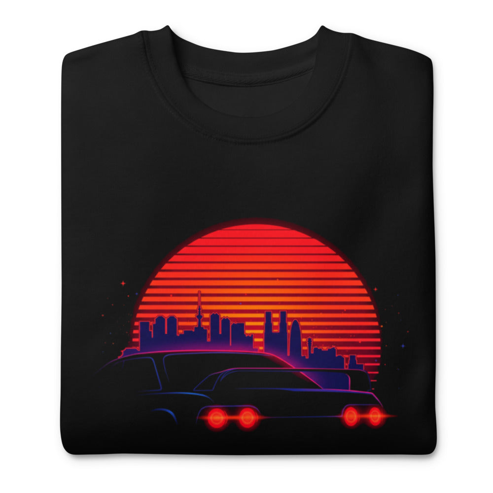Suéter Synthwave Neon Cars Orange Sun Skyline - Doblado